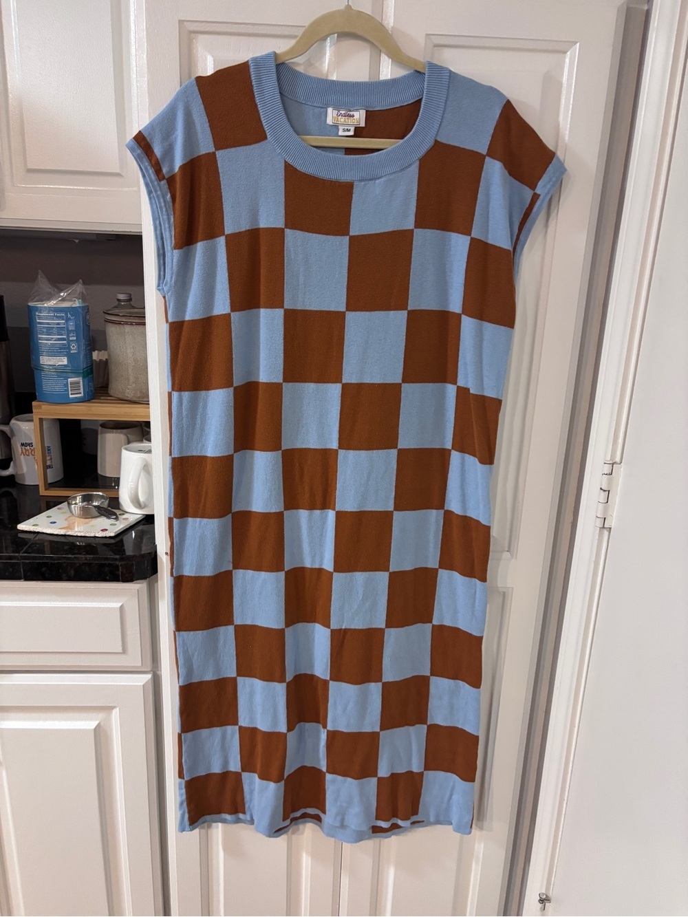 Sleeveless Checkerboard Midi Dress in Light Blue and Brown